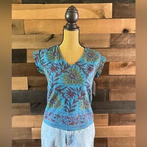 Anthropologie Tiny Blue Short Sleeve Floral Linen V Neck Blouse